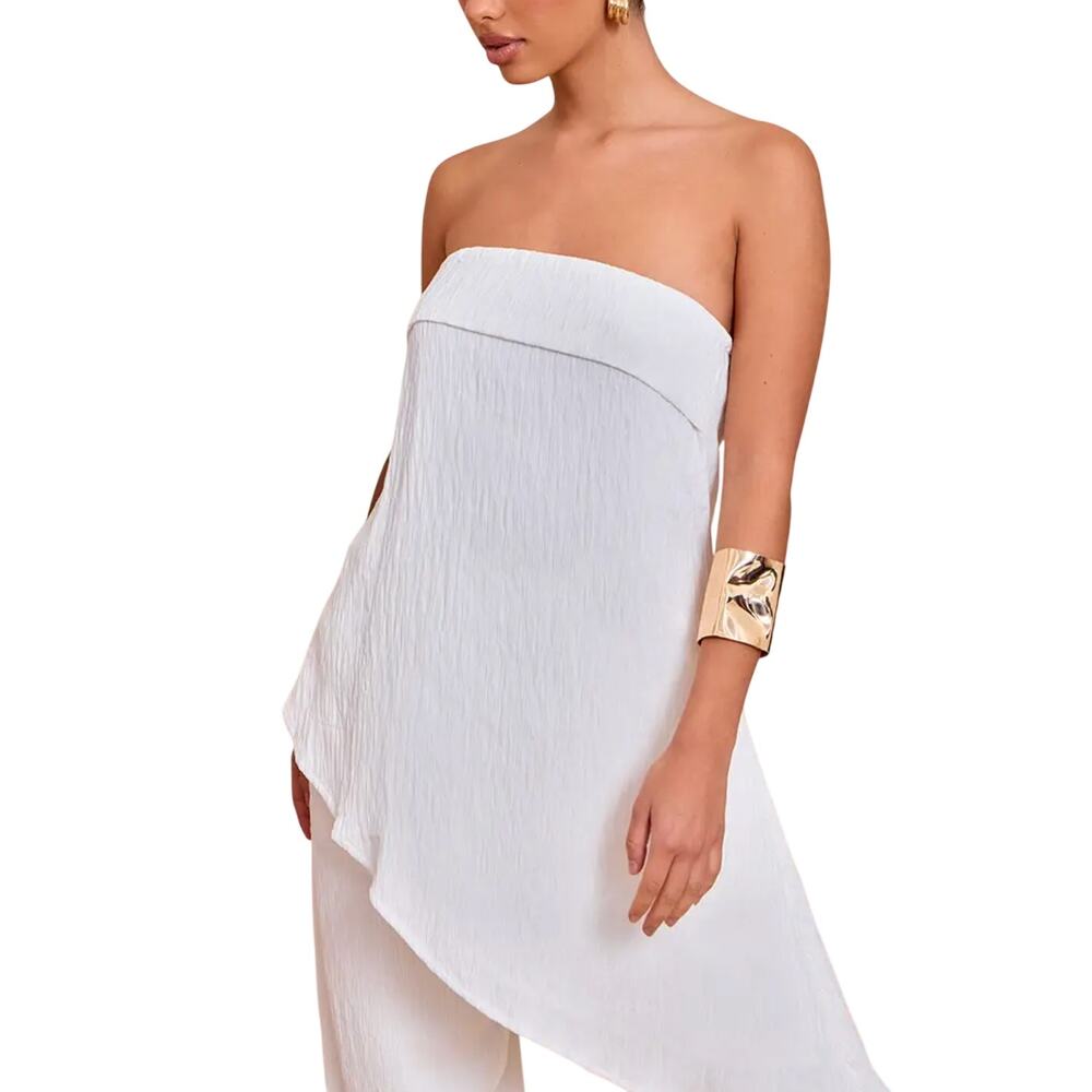 PrettyLittleThing Lemon Textured White Asymmetric Strapless Drape Top Size US 4